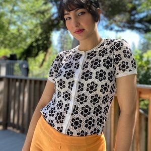 Vintage black and white crocheted button up top
